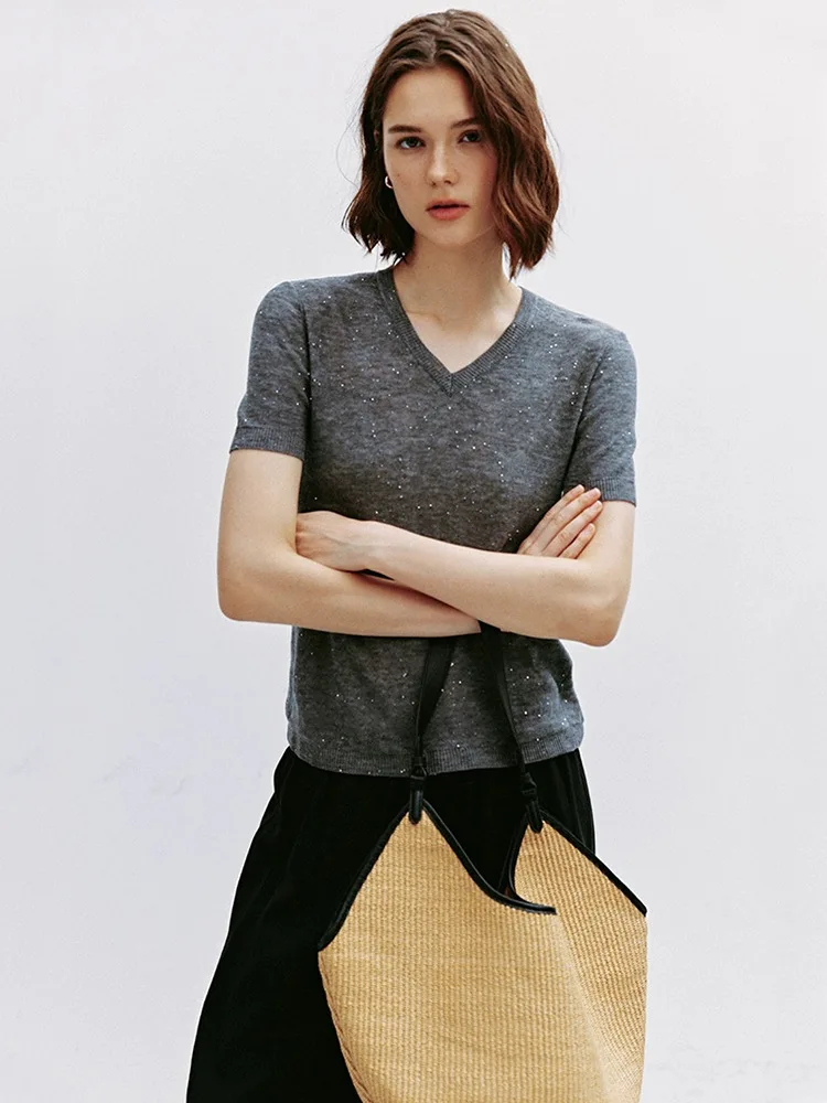 

2025 Summer New! Starry Sky Sequin Water-Soluble Wool V-Neck Knit Top for Women, Lightweight Loose Short Sleeve Sparkly Blouse