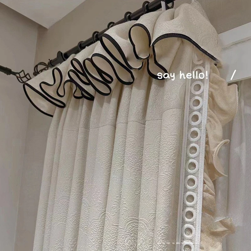 French Fashion Cream Relief Embroidery Lace Luxury Curtains for Living Room Bedroom Dining Blackout Bow Tie European White Tulle