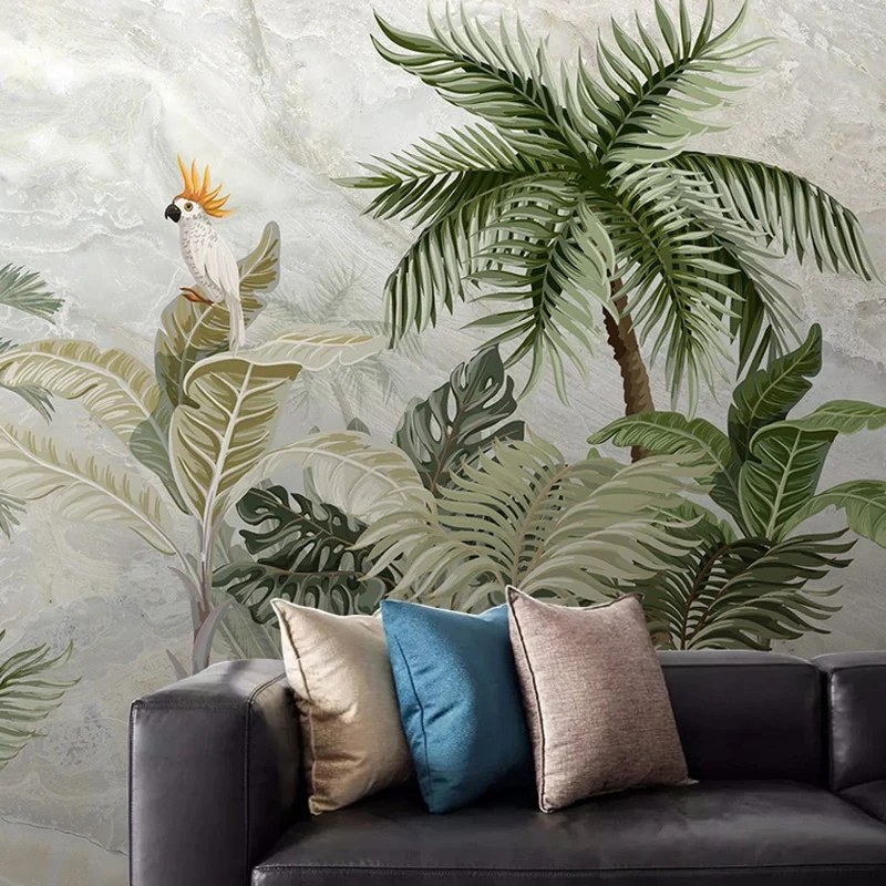 Papel tapiz fotográfico personalizado para paredes, patrón de mármol de estilo europeo 3 D, pintado a mano, hoja de planta, pintura de pared de