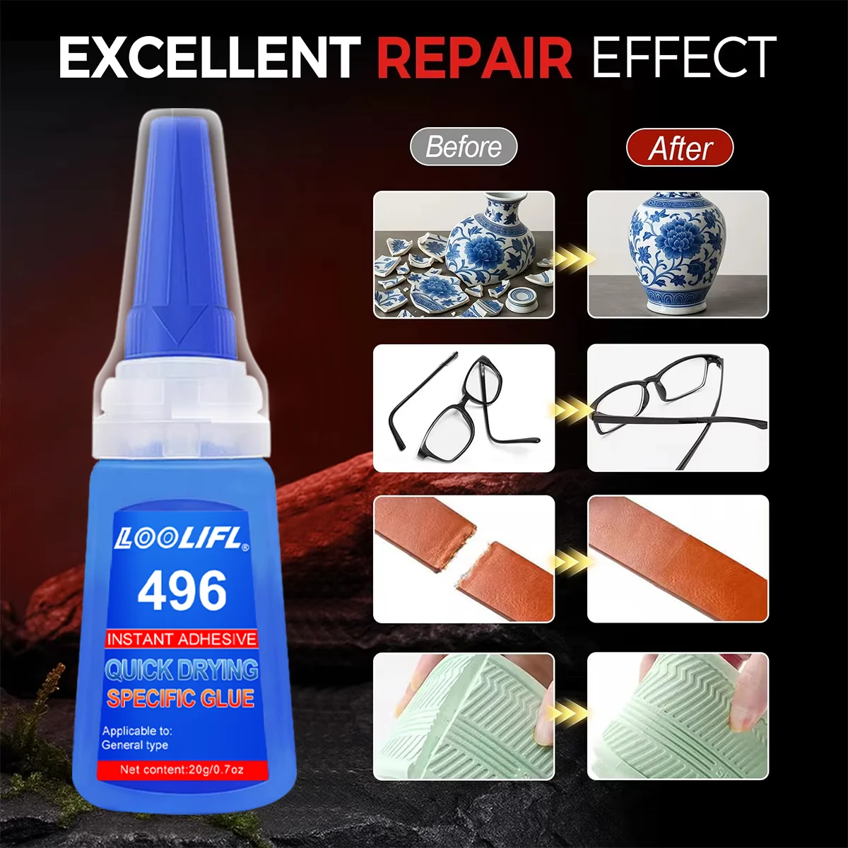 LOOLIFL401 Mehrzweck-Superkleber, Cyanacrylat-Klebstoff, 20 g, sofortiger, schneller Klebstoff, für Gummi, Holz, Glas, stärkerer Allklebstoff – Detail 8