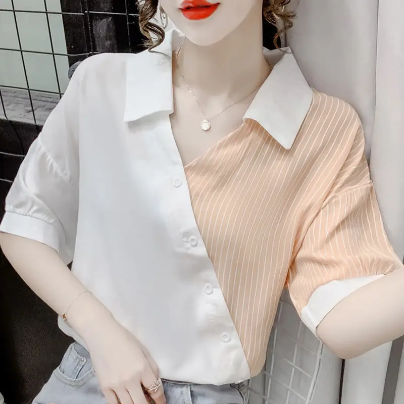 Summer Women\'s Clothing Fashion Chic Striped Spliced Blouse Korean All-match Short Sleeve Contrast Color Chiffon Shirt Female