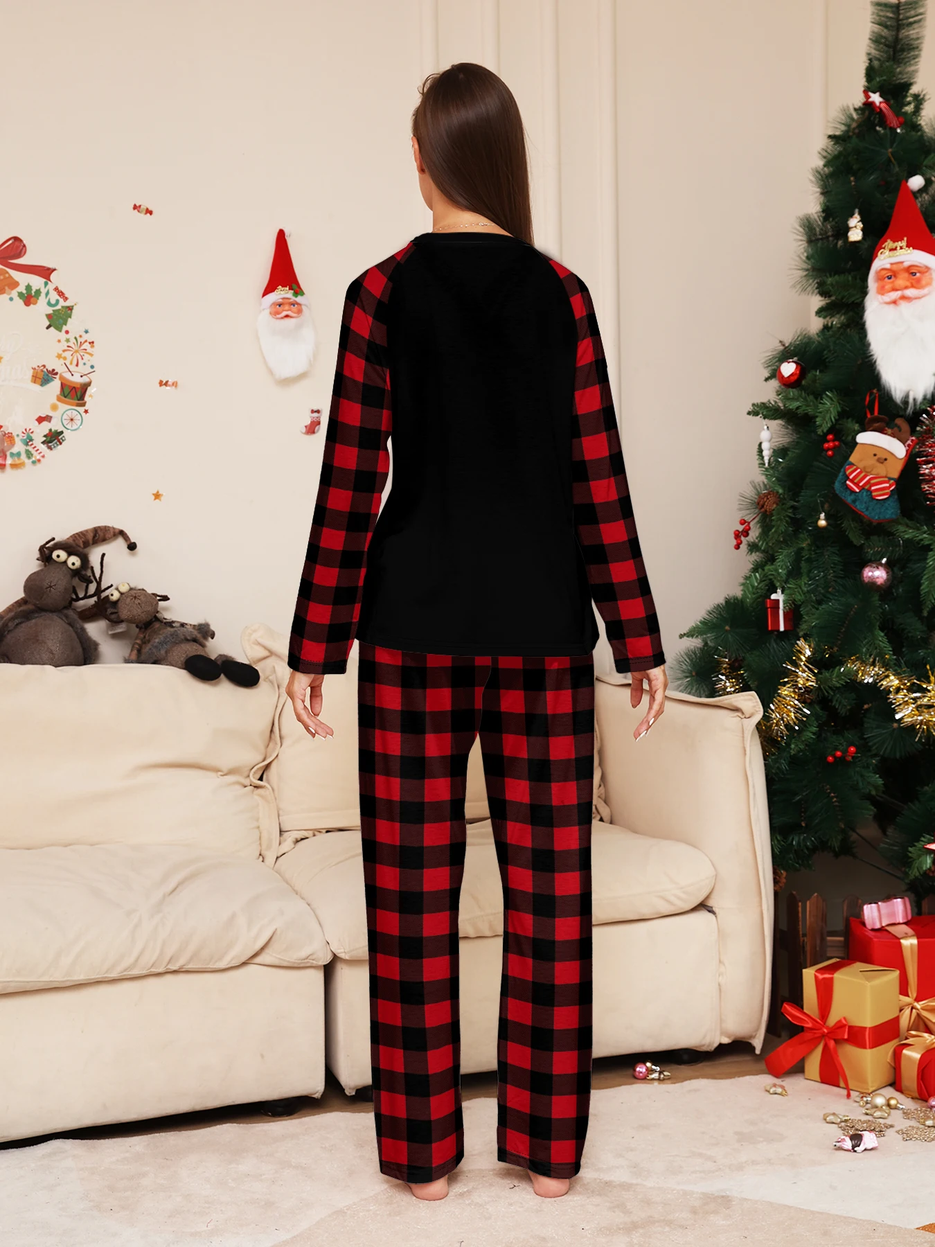 Christmas Couple Pajamas Set: Black Tops with Reindeer & 'Merry Christmas' Print, Red - Black Plaid Pants