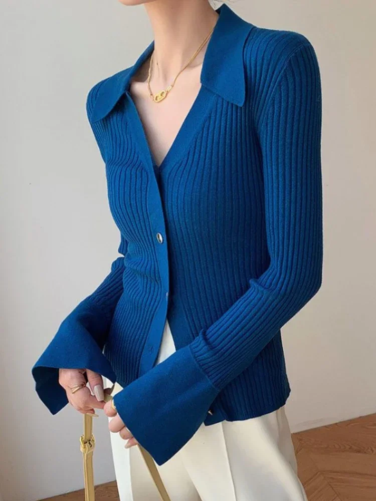 Spring Women\'s Cardigans Korean Fashion Solid klein blue Knitted Blouses Polo Collar Long Sleeved SlimCasual Thin Cardigan Women