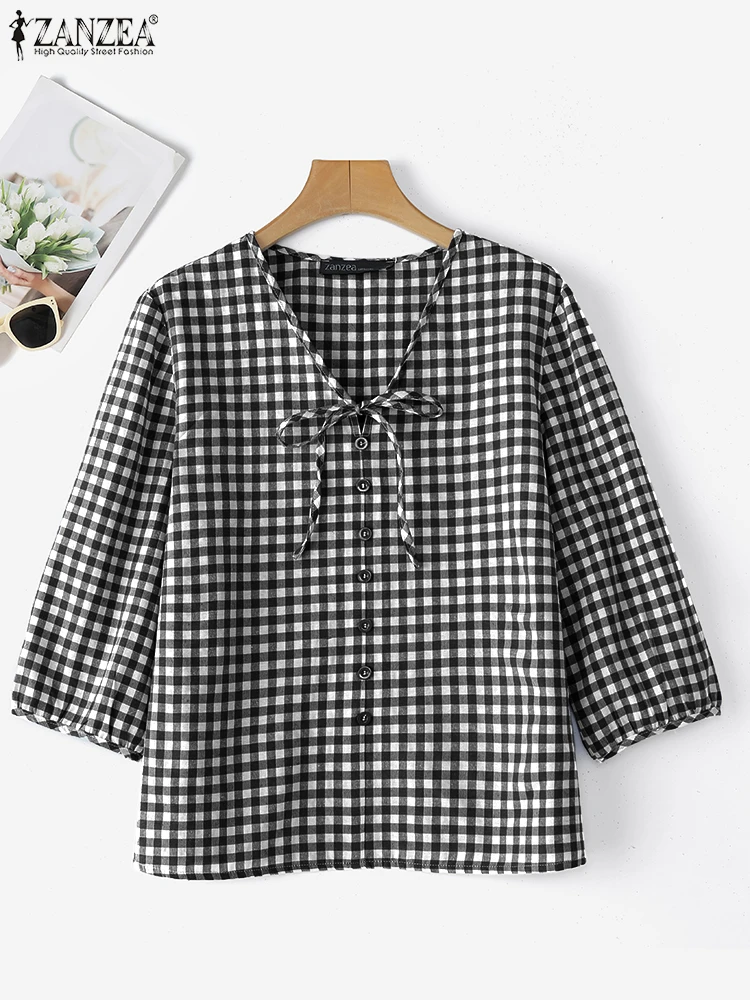 

ZANZEA OL Office Shirts Women Elegant Lace-Up Plaid Tunic Casual V Neck Blouses 2025 Female 3/4 Sleeve Loose Printing Blusas