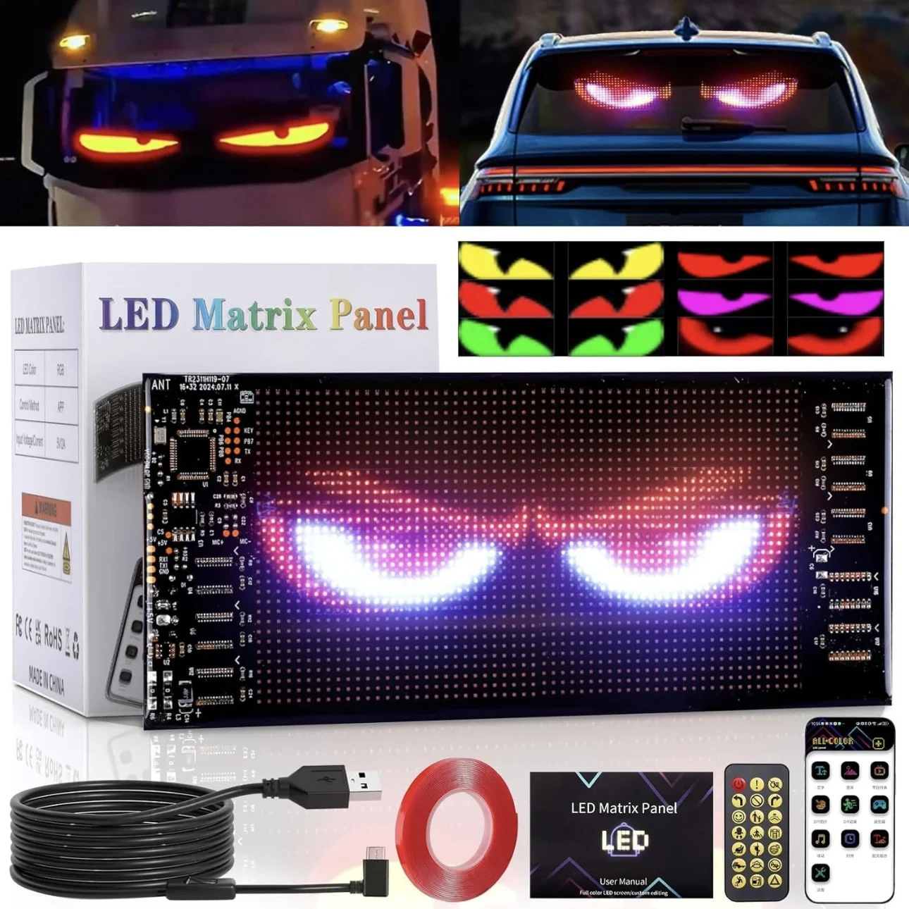 

APP Bluetooth Car Advertising Screen LED Flexible Display Screen IP65 Waterproof Full-color Intelligent Car Devil Eye Led Gift