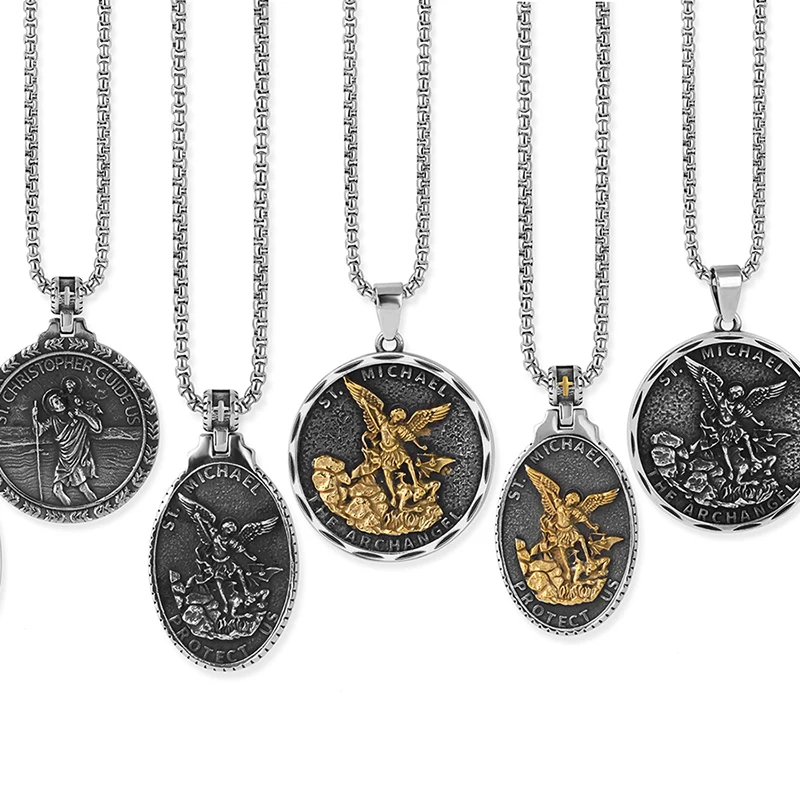 2023 New Stainless Steel St Christopher Pendant Necklace St Michael Medal Sacred Amulet Catholic Protection Religious For Man