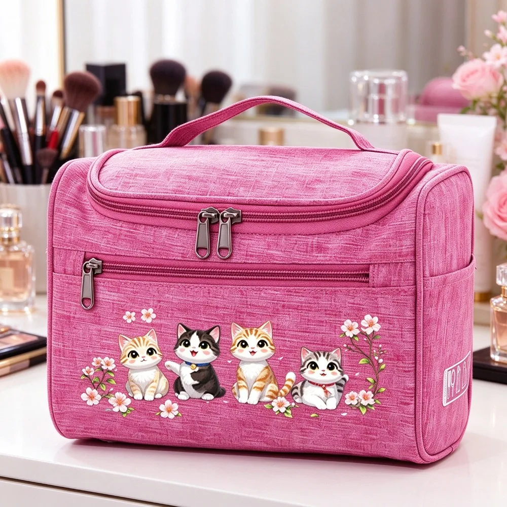 Kosmetiktasche, niedliche Katzen- und Blumenmuster, tragbare Toilettentasche mit Griff, vielseitige Aufbewahrungstasche mit mehreren Fächern für Kosmetikartikel, ideal für Reisen. – Detail 1
