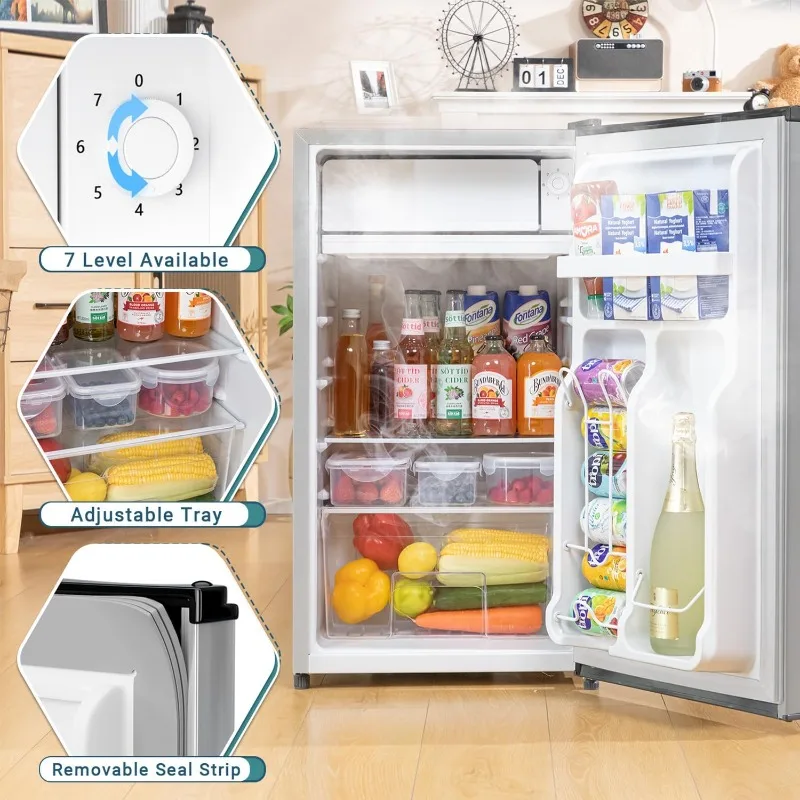 3.2 Cu.Ft Mini Fridge with Freezer, Single Door Mini Fridge, Adjustable Thermostat, Energy Saving Mini Refrigerator, Silver