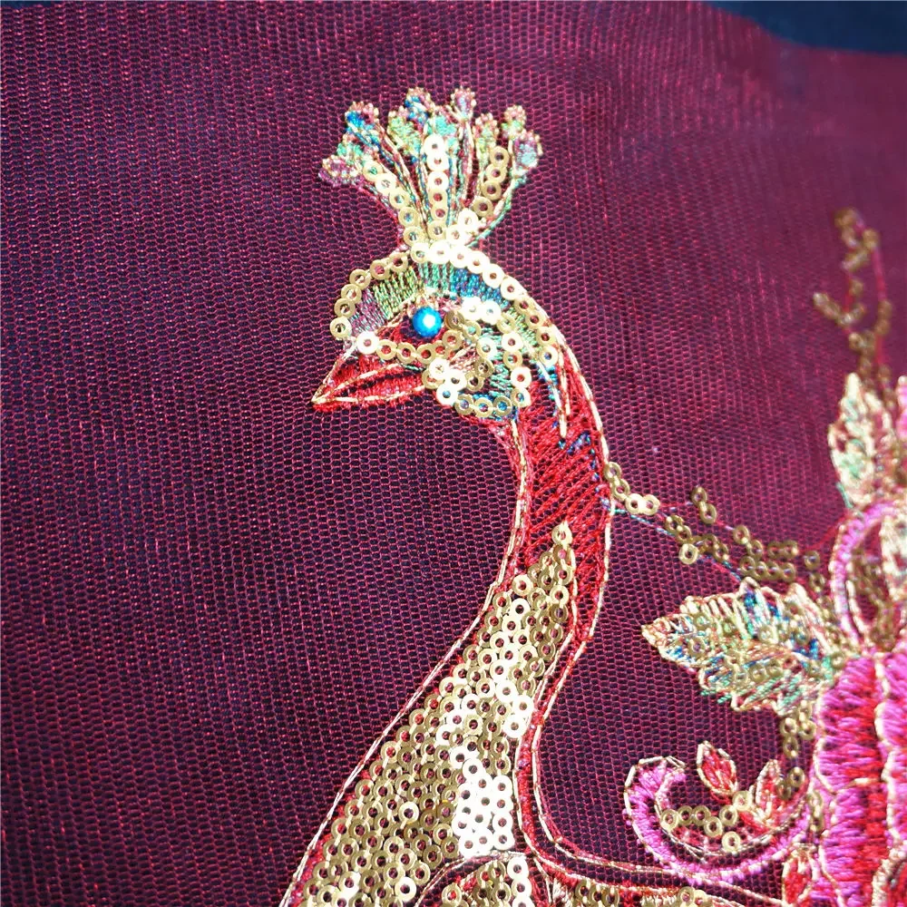 Gold Sequins Peacock Peahen Flowers Red Mesh Embroidered Wedding Gown Appliques Lace Trims Sew On Patch For Dress DIY Decoration