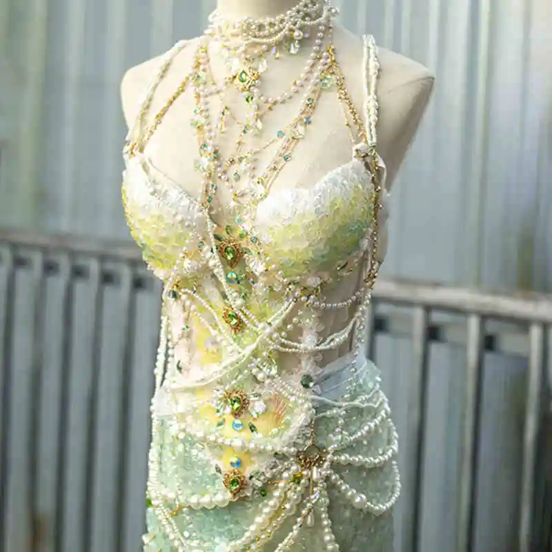 Women Mermaid Sequined Pearl Bra Dress Electric Syllable Sexy Performance Clothing Girl Night Club Bar Performance Suit