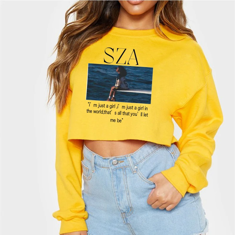 Sza I ' M Just A Girl Album Pattern Cropped Sweatshirt Text Printing Hip Hop Crew Neck Sweatshirt For Women