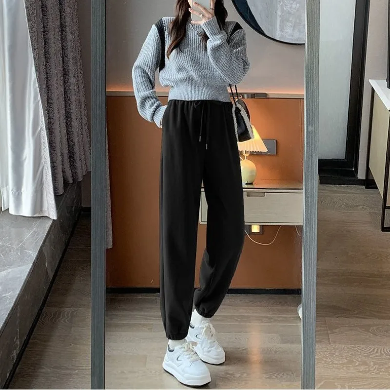 

Women Autumn Winter Simplicity Loose Fleece Solid Color High Waist Appear Thin Straight Ladies Casual All-match Warm Wide Leg