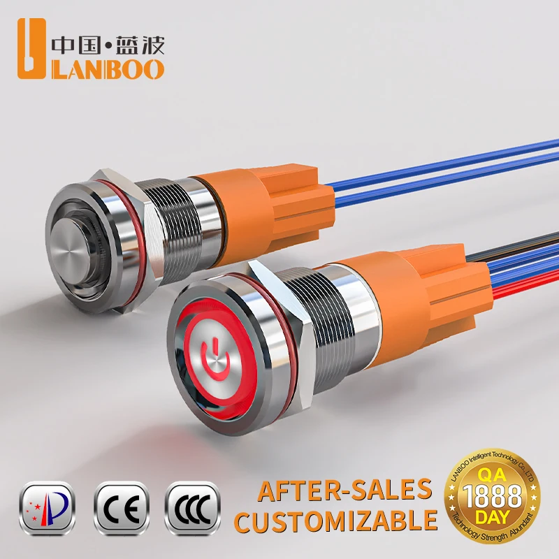 LANBOO 12mm High Current 7A 4 Pin Waterproof IP67 Latching/Momentary Micro Metal Push Button Switch with LED for 24V/220V Applic