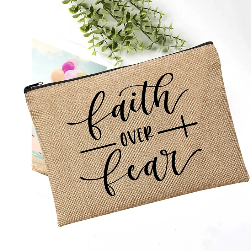 Faith Over Fear Christian Printed Makeup Pouch Women Cosmetic Make Up Bag Religion Graphic Fearless Slogan Toiletry Bags Purse