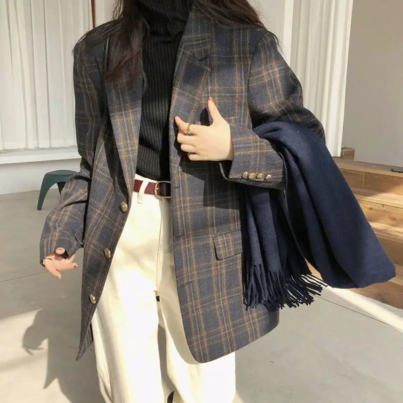 Retro Plaid Suit Woolen Suit Jacket For Women 2025 New Autumn And Winter Plaid Casual Suit Woolen Jacket