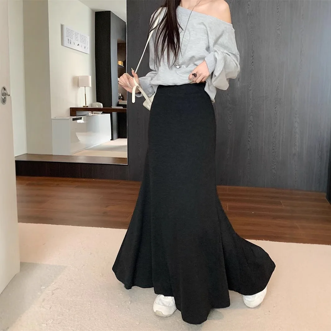 Fischschwanzrock mit hoher Taille, halber Körperrock, einzigartiges Frühlings- und Herbstgefühl für Damen, lockerer Rock mit Lotusblattkante