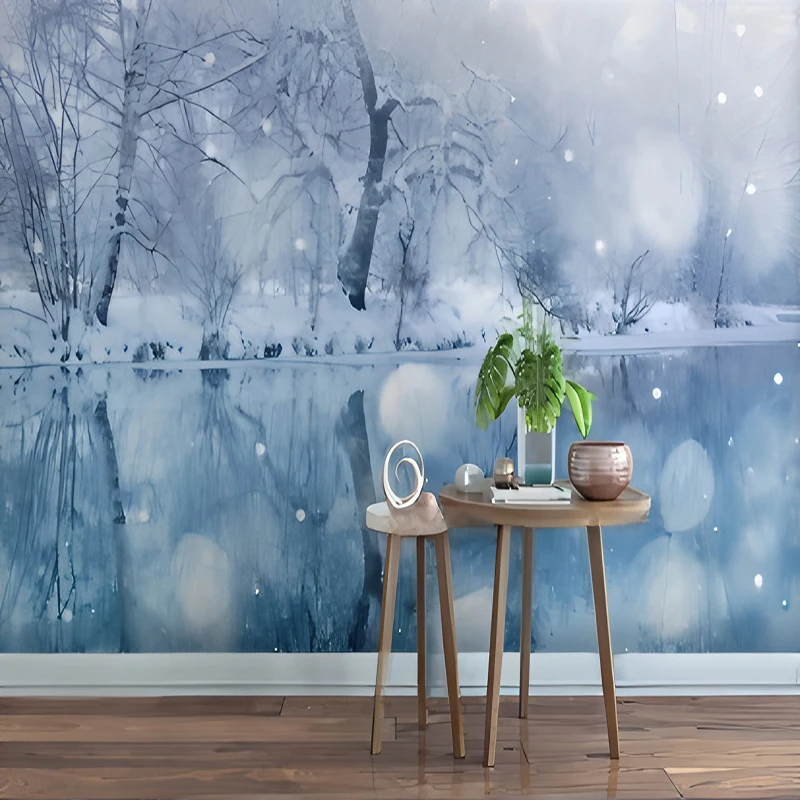 MU8713 The background wall of the bedroom and living room with a beautiful winter atmosphere of snow-capped mountains and forest