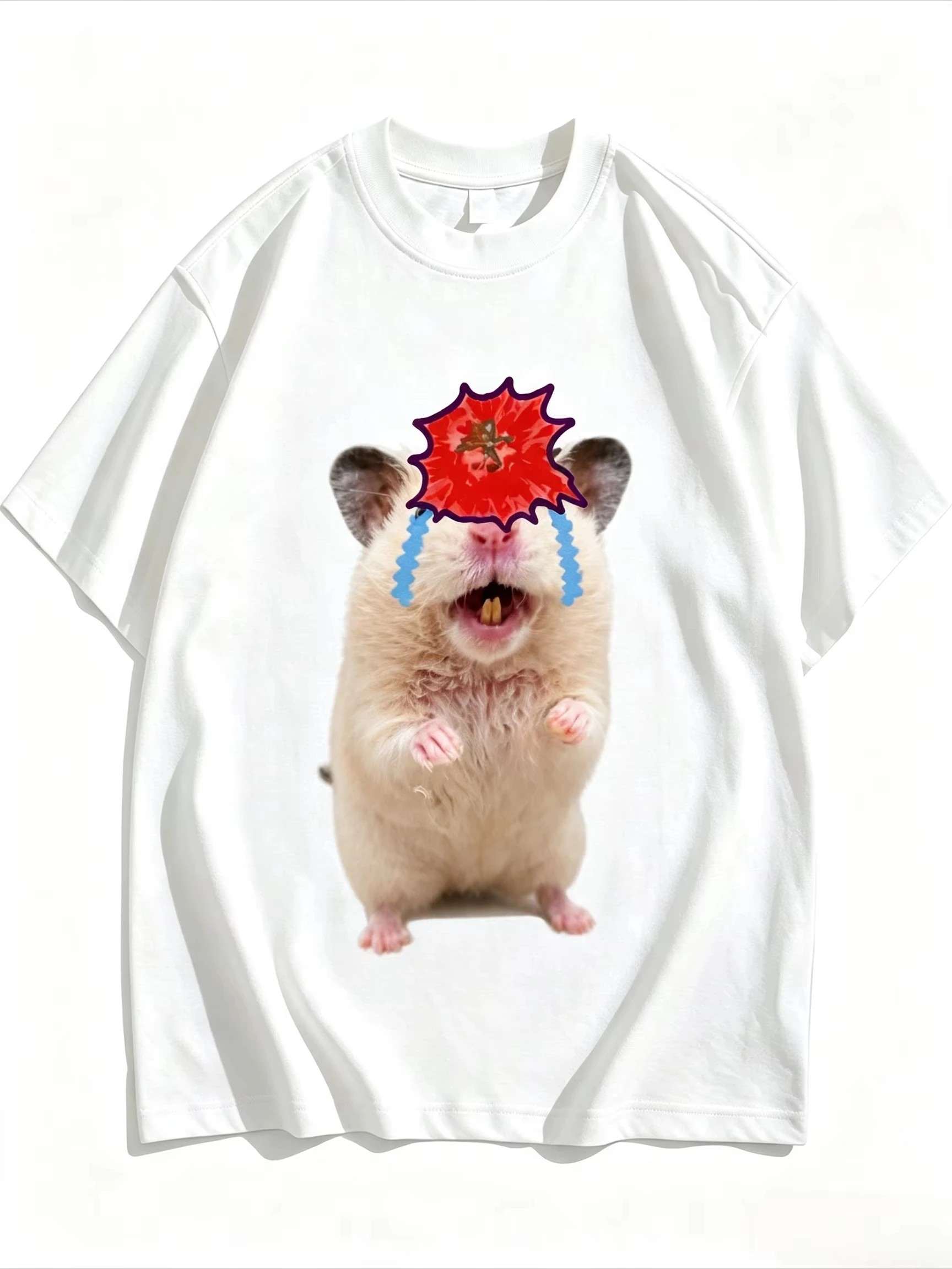 Summer New Men T-shirt Crying Hamster Red Burst Funny Meme Print Soft Cotton Breathable Daily Casual Tops