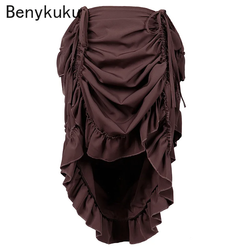 Victorian Steampunk Ruffles Irregular Skirts Pirate Skirt Women Renaissance Gothic Medieval Costume Drawstring High Low Skirt
