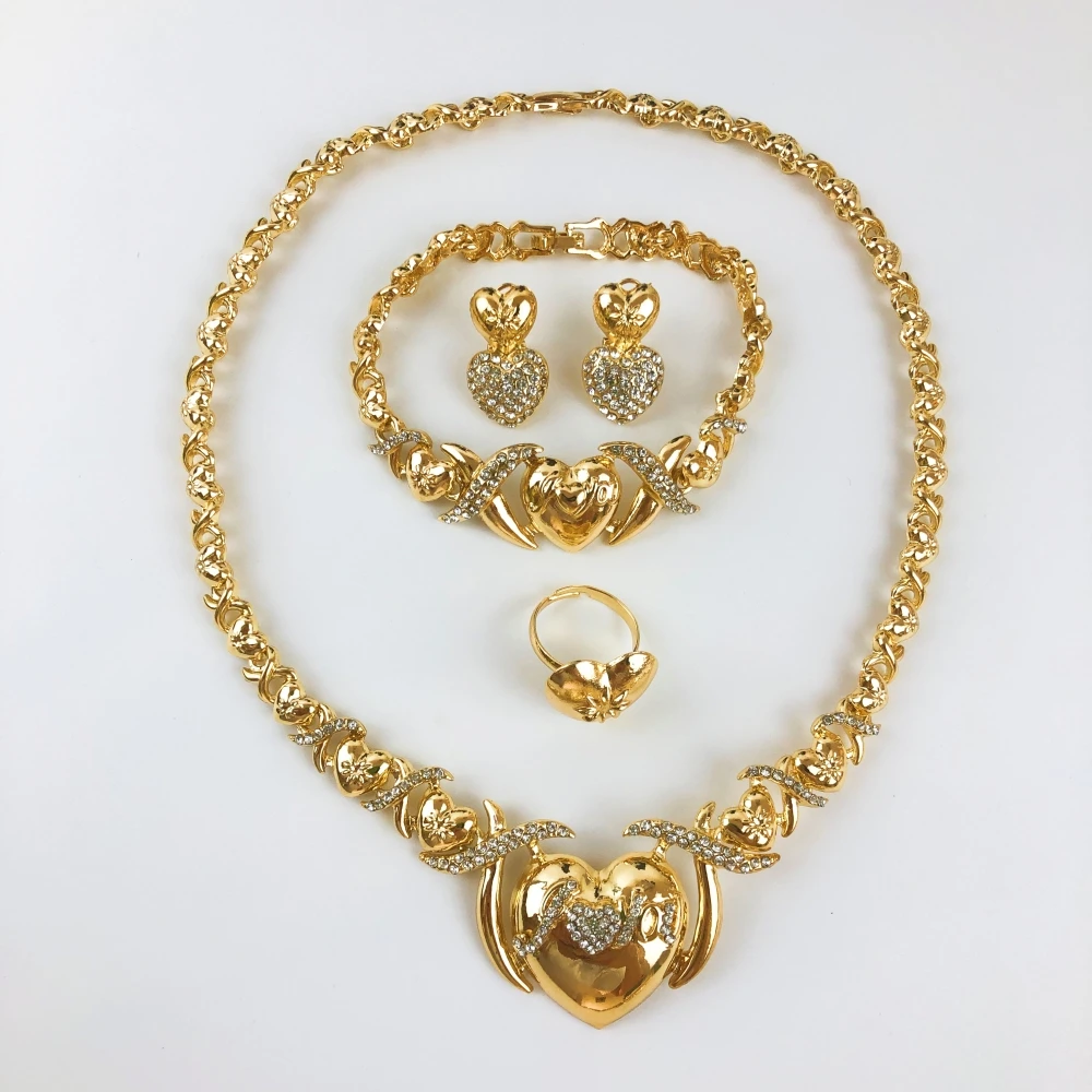 ESALE Hot selling Women XOXO Jewelry Set Gold Plated Heart Necklace Bride Wedding Necklace Earrings Bracelet Ring Set Gift