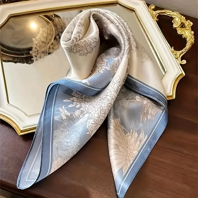 27.56inch Luxury Blue Camellia Print Scarf Bohemian Style Women'S Summer Headscarf Lightweight Headband Bandana