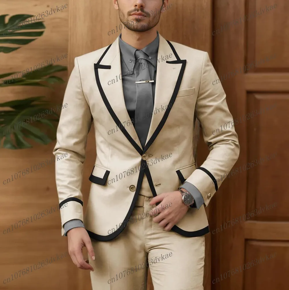

New Beige And Black Men Suit Wedding Party Formal Occasion Groom Groomsman Prom Business Male Tuxedos 2 Piece Set Jacket Pants