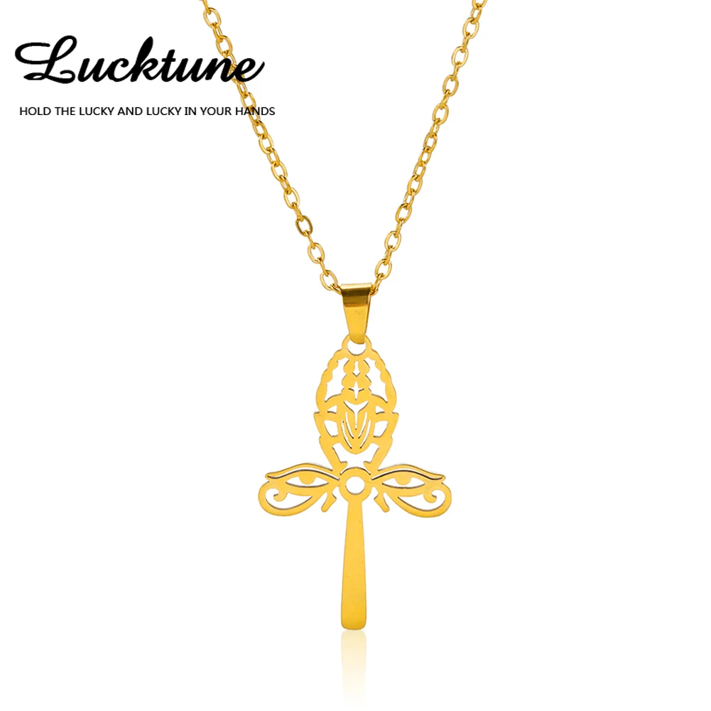 Lucktune Egyptian Ankh Cross Pendant Necklace Stainless Steel Horus Eye Scarab Amulet Necklace Women 2024 Vintage Jewelry Gift