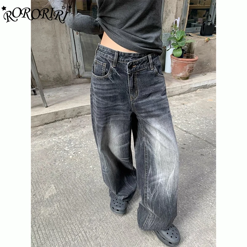 

RORORIRI Винтажные потертые черные джинсы для женщин, потертые брюки с высокой талией и широкими штанинами длиной до пола, нерегулярный дизайн на талии 90-х годов