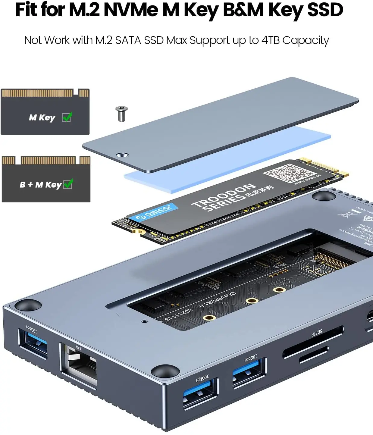 ORICO USB C HUB with External M.2 NVMe SSD Enclosure to 4K30Hz USB 3.1 10Gbps PD100 Charging RJ45 Adapter Type-C Docking Station