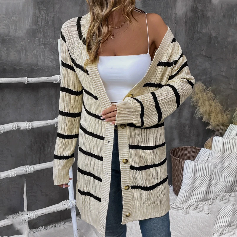 JIM & NORA Autumn new simple casual striped cardigan sweater fashion cross-border women's knitted cardigan top