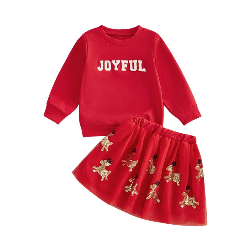 Girls Christmas 2PCS Skirt Outfits Long Sleeve Letter Embroidery Sweatshirt Sequins Elk Tulle Skirt Set