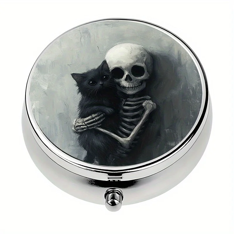 1 pill box, with 3 compartments, gothic skull and black cat themed mini pill box, medicine storage box, unique gift for Halloween or Christmas