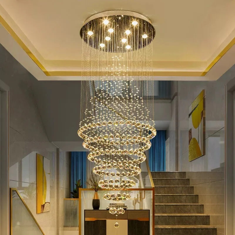 

Modern GU10 LED Crystal Chandelier Lamp Stair Light Droplight Villa Double Entry Long Circular Crystal Lighting for Lobby