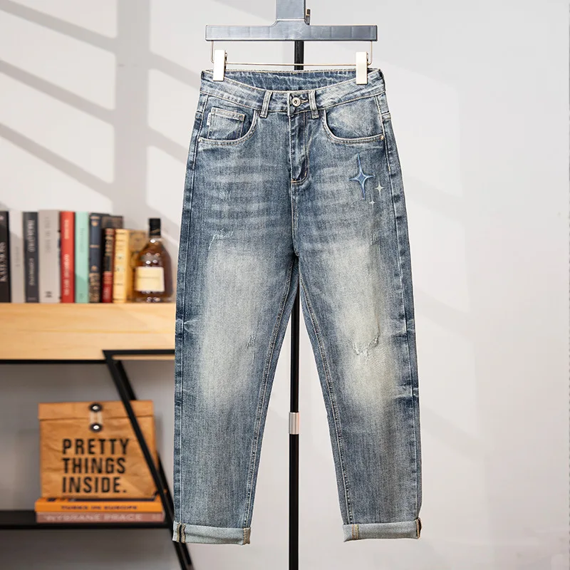 2024 light luxury high end new jeans for MEN'S FASHION trendy brand straight fit casual versatile elastic retro denim pants