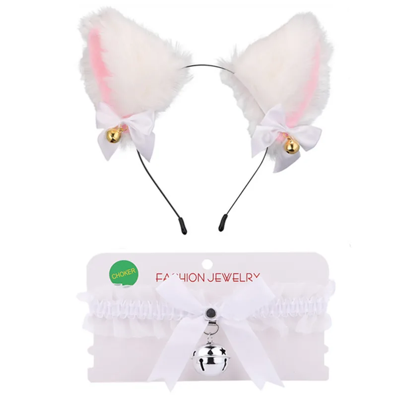 Diadema de campana con orejas de gato, conjunto de collar de encaje, cosplay de Navidad, accesorios sexy