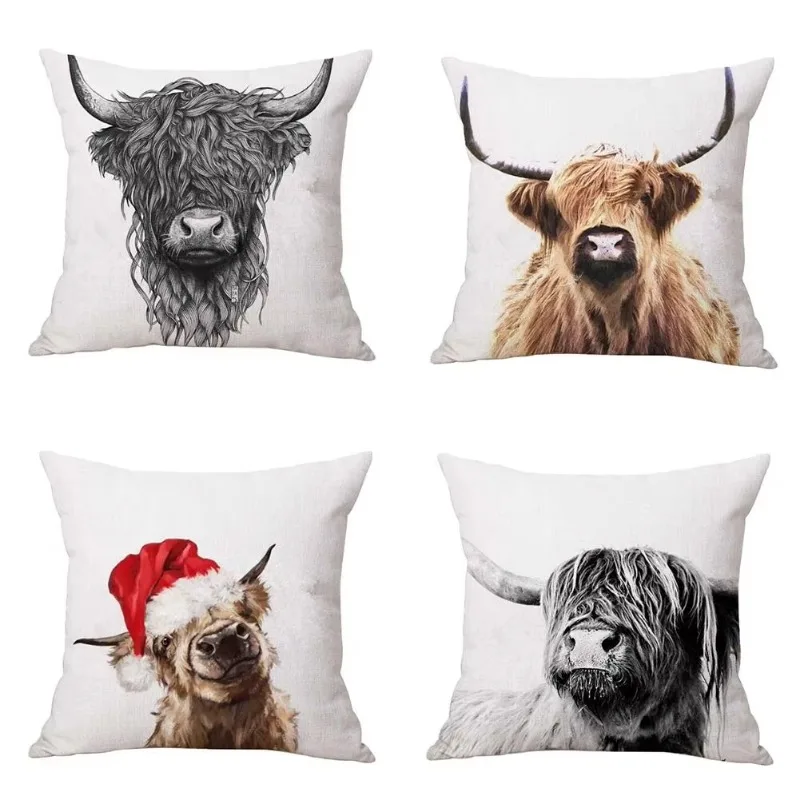 Highland Cow Cattle Linen Pillow Cushion Cover Pillow Case Home Sofa Throw Pillow Cover Bed Car Decor 45X45CM