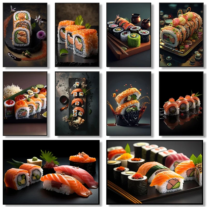 Japanese Cuisine Salmon Sushi Cheese Caviar Food Photography Poster Canvas Paintings Wall Art Pictures Home Decor