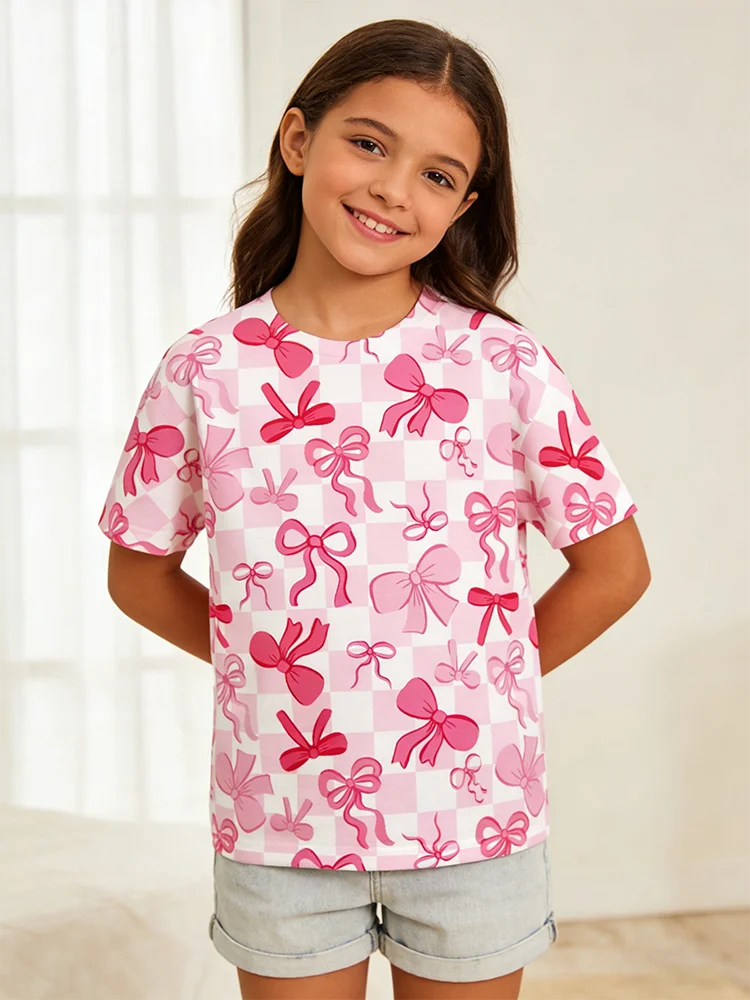 

2025 girl cute pink bow full print short-sleeved T-shirt, casual top