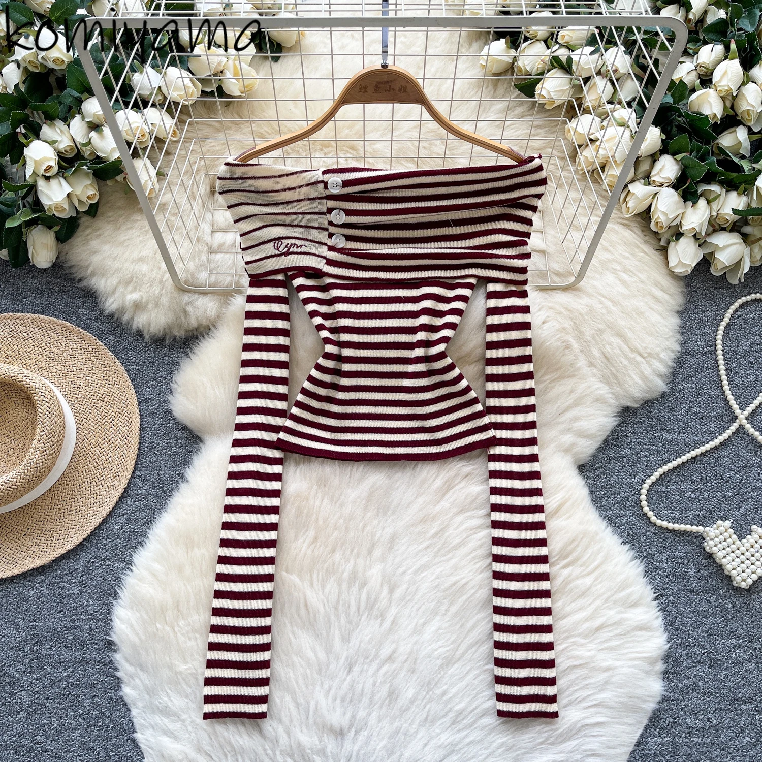 

Hit Color Stripe Ropa Mujer Slash Neck Long Sleeve T Shirts Spicy Girl Knit Roupas Pure Desire Style Clothes Woman 2025 Tops