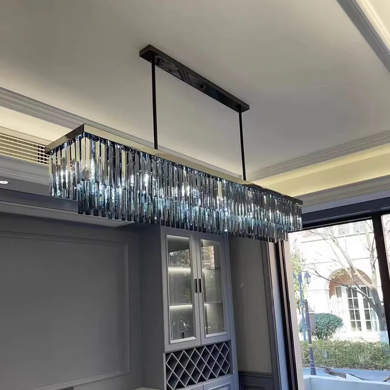 Modern Minimalist Chandelier Kitchen Island Luxury Crystal LED Lamp Dining Room Decor Rectangle Bar Black Hanging Light Fixtures