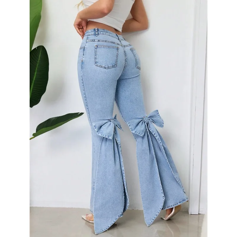 

Spring Autumn Retro Women's Stretch Solid Jeans High Waist Flared Pants 3D Bow Tie Leisure Elegant Women Bell Bottom Trousers