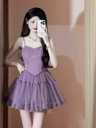 Fashion Sexy Spaghetti Straps French Pricess Thin Short Dress Women Summer Backless High Waist Party Club Mini Purple Dresses