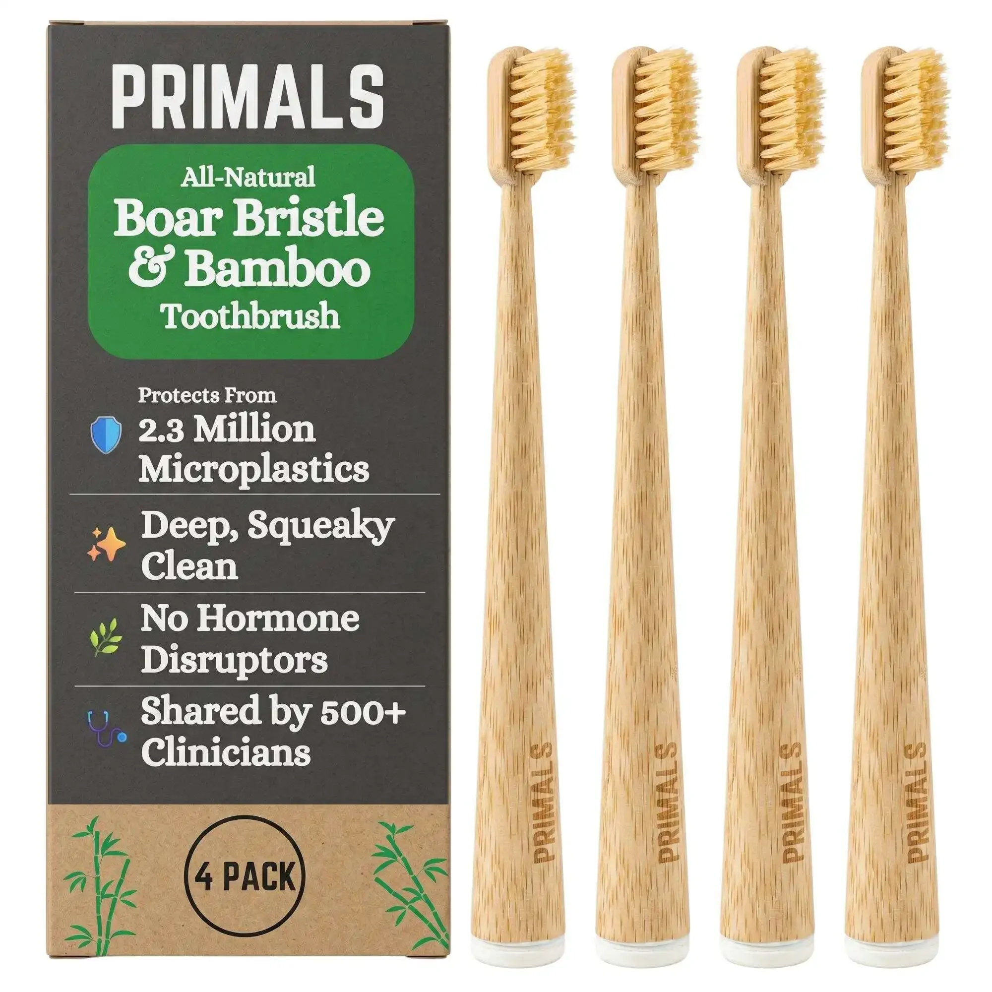 4Pcs Premium Natural Boar Bristle Bamboo Toothbrush Set Fully Biodegradable Wood Toothbrushes Plastic Nylon Free Quick Dry Zero Waste Eco-Friendly Adult Teeth Cleaning Oral Care