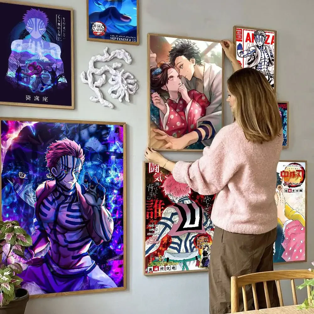 Frameless canvas paintings,Rengoku Akaza Demon Slayer Anime Movie Sticky Posters Vintage Room Home Bar Cafe Decor Room Wall Deco