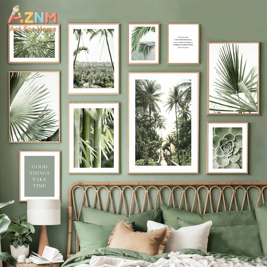 AZNM Sage Green Tropical Beach Canvas Print Palm Leaf Coconut Tree Ocean Sand Inspirational Text Neutral Coastal Landscape Wall
