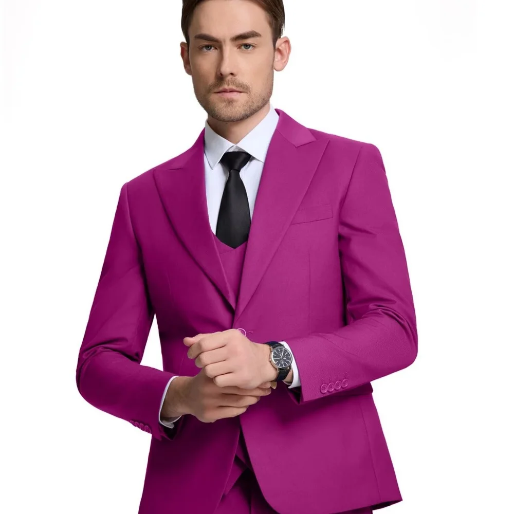 

Novo Beige Business Smoking 3-Piece Male Terno Unique Breasted Wedding Groomsmen Formal Suit Jacket Vest Pants Set