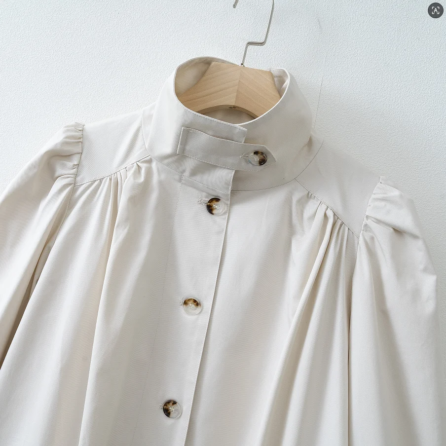 Women's Puff Sleeve Cotton Trench Coat for Spring and Fall