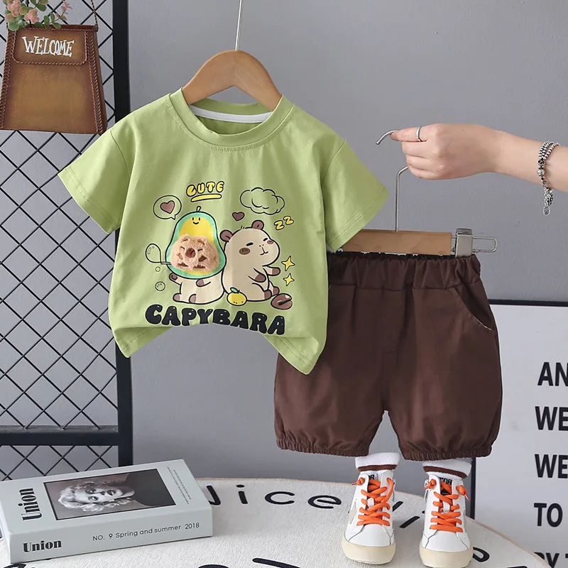 2pcs/set New Boys Casual Sports Shorts Set Summer Outfit Children's Cartoon Clothing Set Kids Set Round Neck Short Sleeve Boys