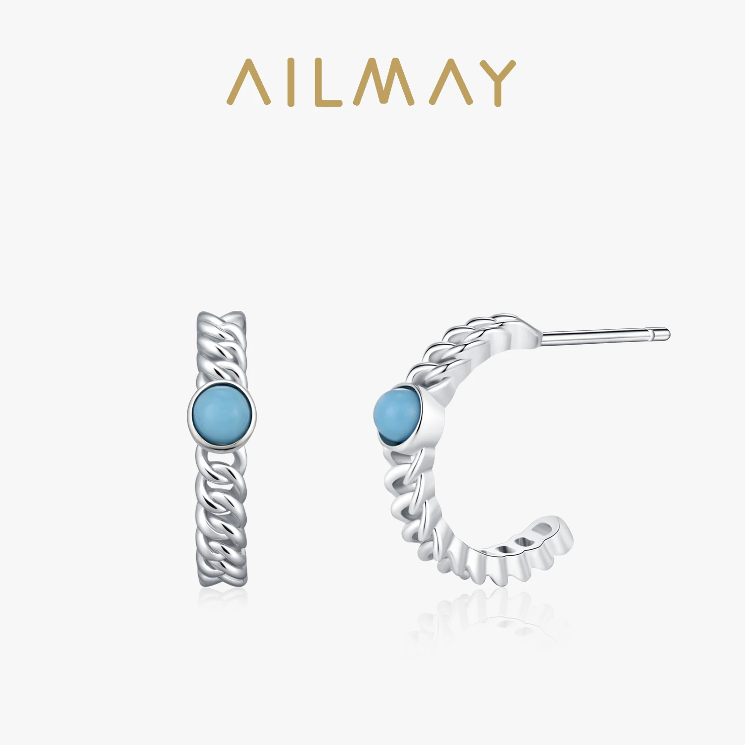 

Ailmay 925 Sterling Silver Braided Texture Turquoise Semi-Circular Earrings For Women Party Vintage Trend Jewelry Gifts