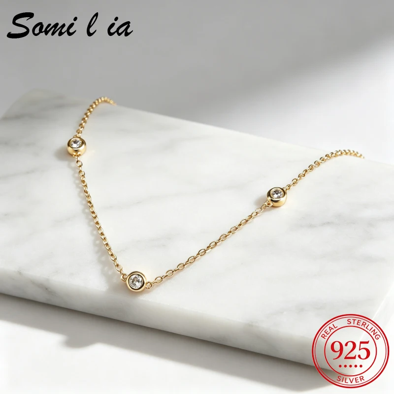 Shiny CZ Round Pendant Necklace For Women, 18K Gold Plated S925 Sterling Silver Clavicle Chain Jewelry Gift